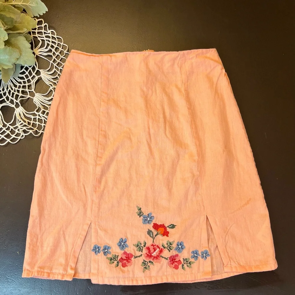 Asos Design Orange Peach Floral Crosstitch Embroider Mini Skirt Sz 2 Cottagecore